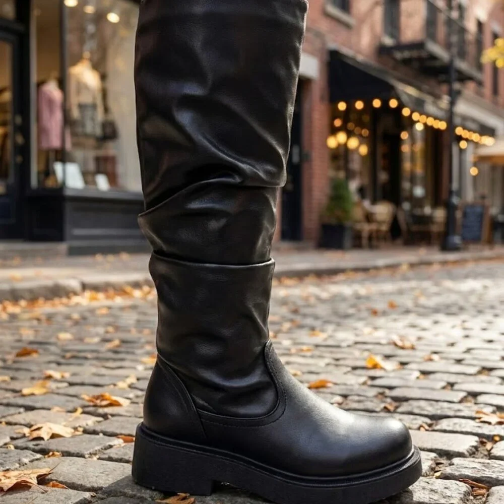 NWT Wild Diva Black Slouchy Platform Knee High Boots | Chunky Sole